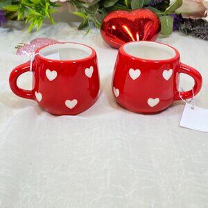 Valentine Ceramic Red White Hearts Espresso Demitasse Cups Set 2 New RARE